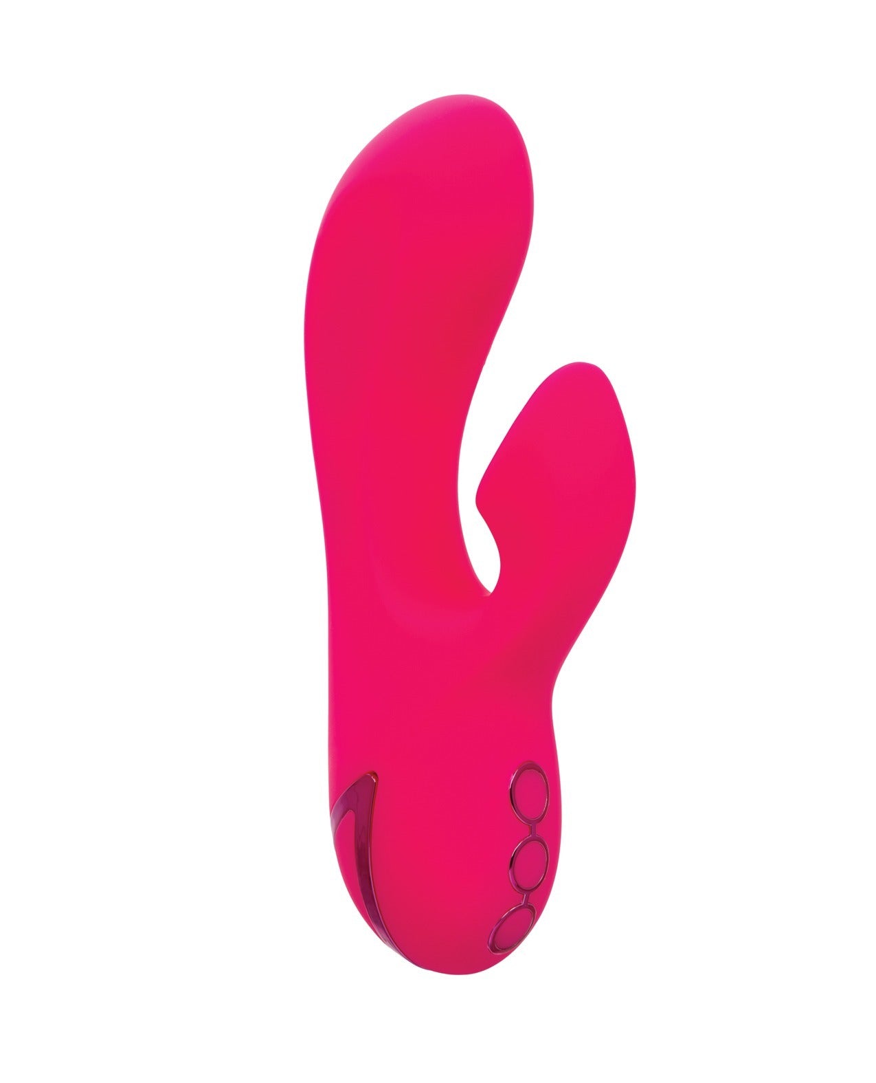 A bright pink personal massager with a curved, ergonomic design and three circular control buttons on the handle, shown against a plain white background.