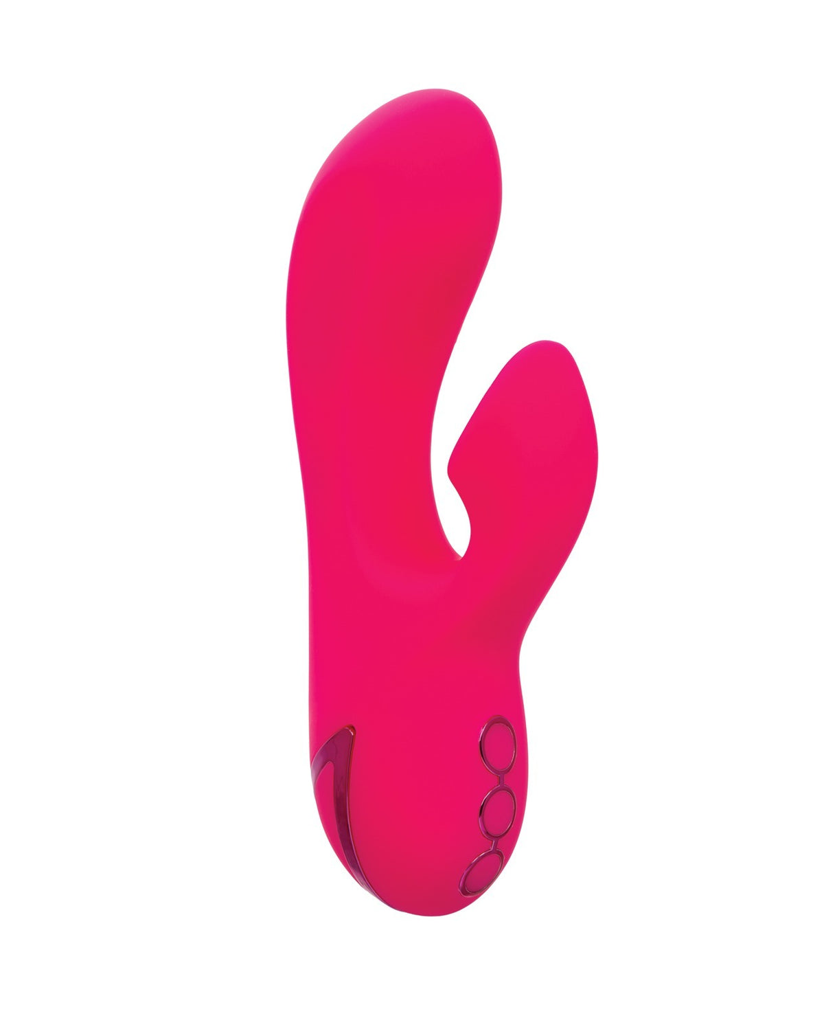A bright pink personal massager with a curved, ergonomic design and three circular control buttons on the handle, shown against a plain white background.