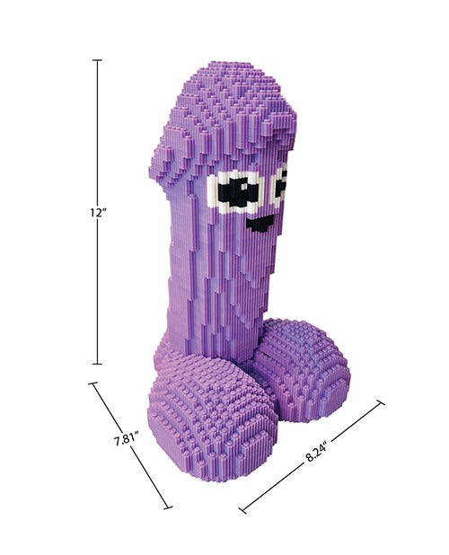 A purple block-built penis-shaped toy or model shown on a white background with dimension lines and measurements labeled 12 inches tall, 7.81 inches wide at the base, and 8.