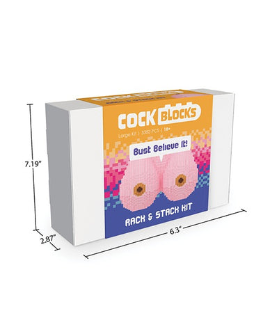 A boxed product labeled 'COCK BLOCKS' and 'Bust Believe It!' with dimension lines showing measurements around the package on a white background.