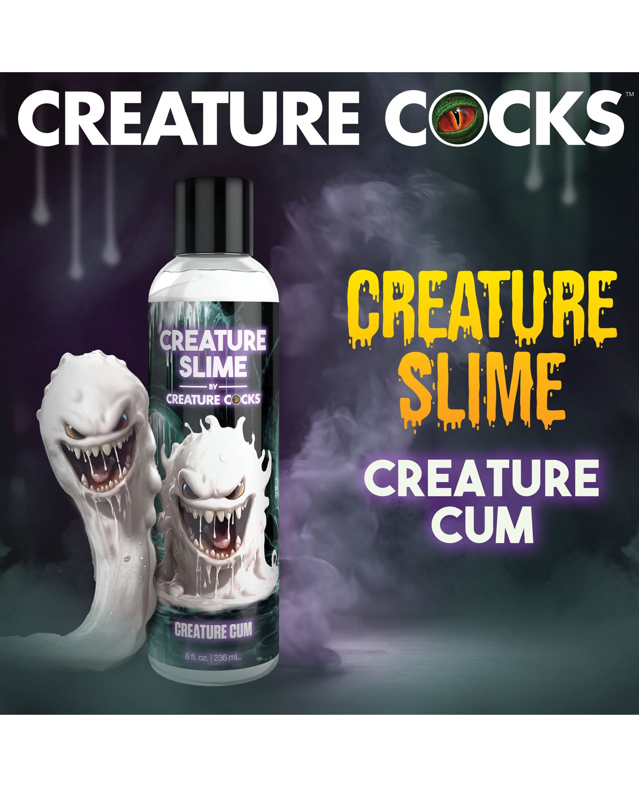 Product packaging for 'Creature Cocks' with a bottle labeled 'Creature Slime' and 'Creature Cum' on a dark background.
