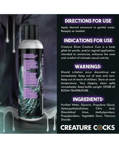 Bottle of 'Creature Slime Creature Cum' with directions and ingredients listed on a dark background.