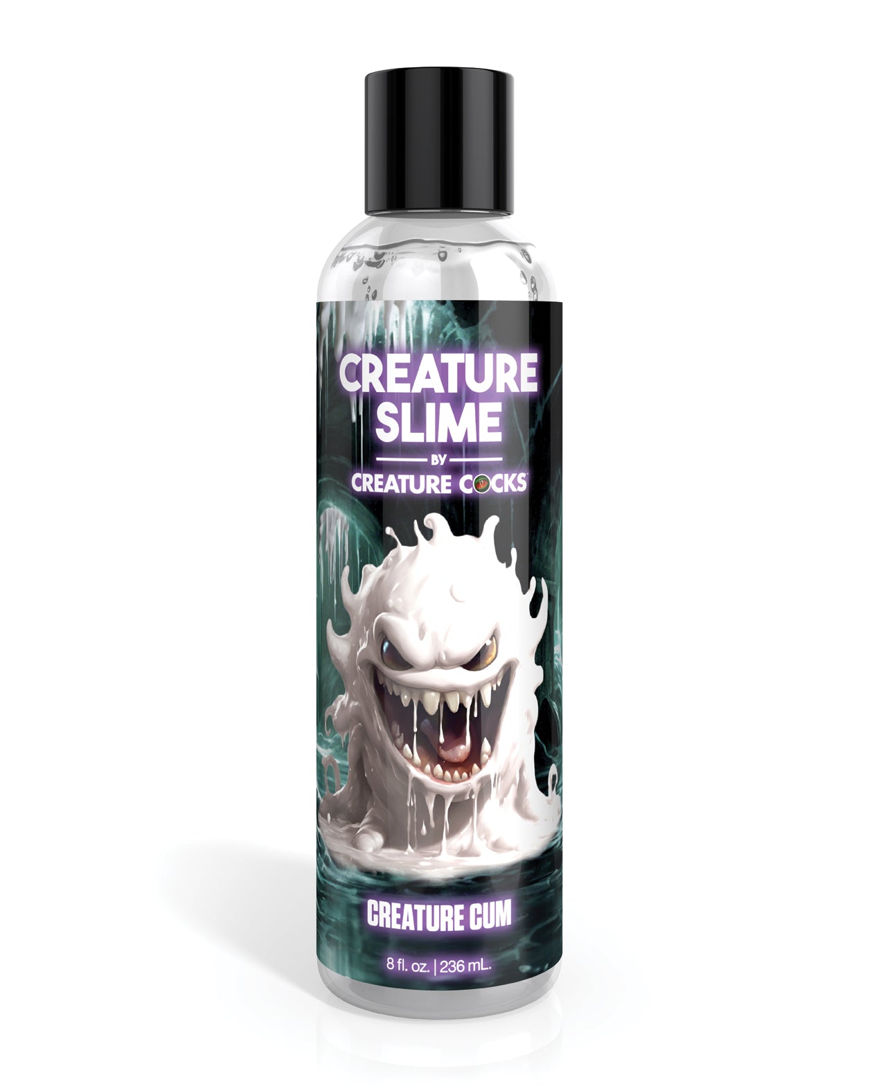 Bottle of 'Creature Slime' with a black cap and colorful label on a white background