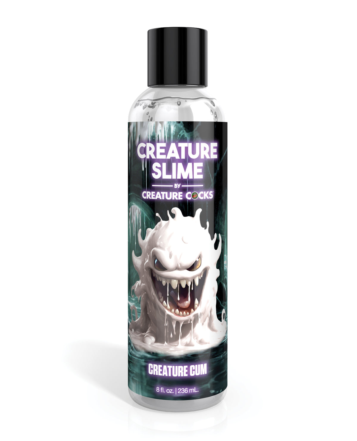 Bottle of 'Creature Slime' with a black cap and colorful label on a white background