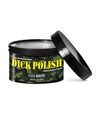Jar of 'Dick Polish' masturbation cream with camouflage design on a white background