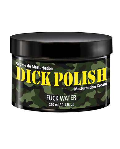 Jar of 'Dick Polish' masturbation cream with camouflage design and bold text.