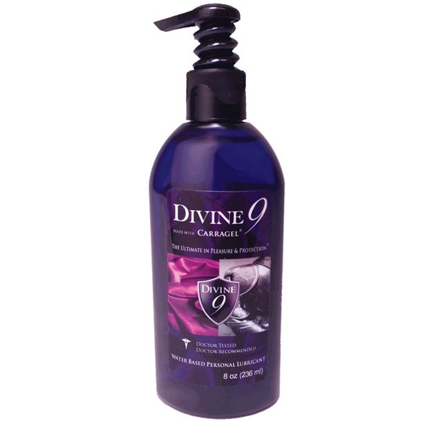Purple bottle of Divine 9 personal lubricant on a white background