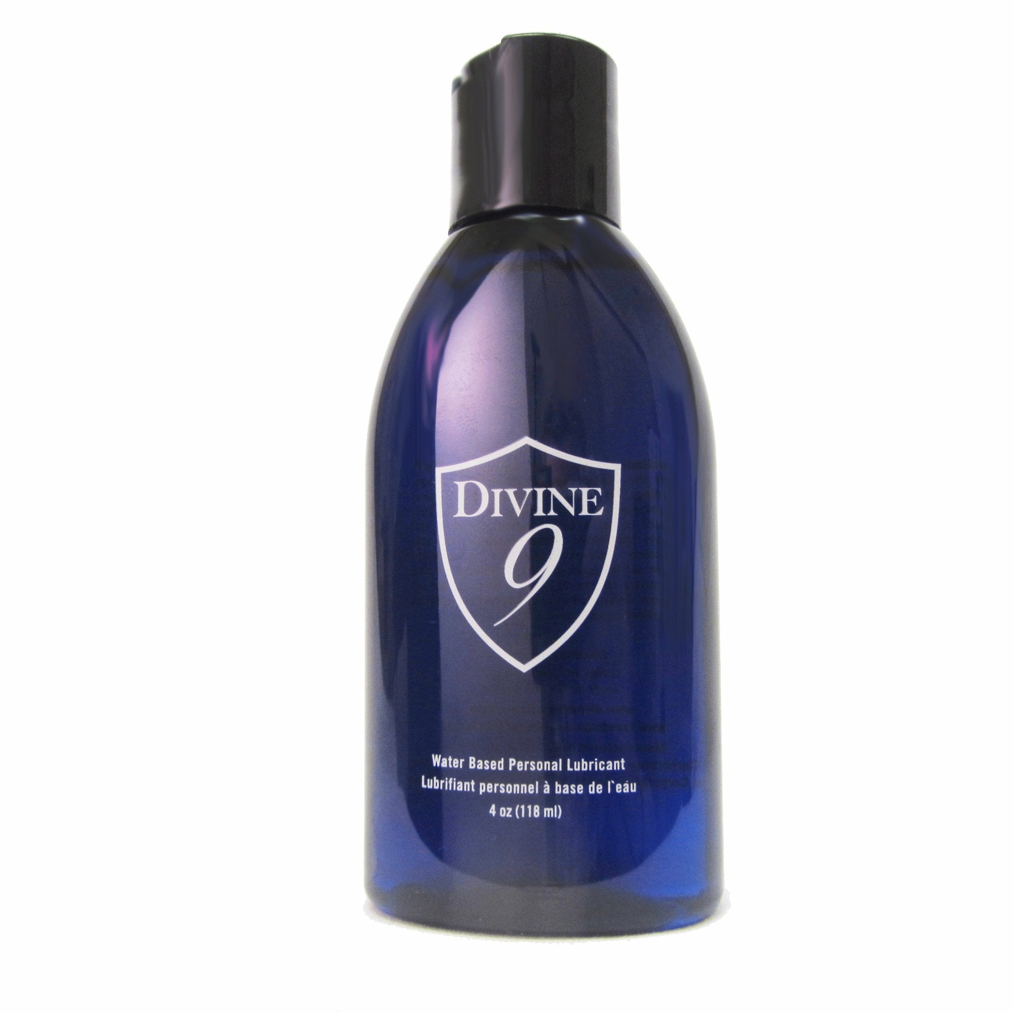 Blue bottle of Divine 9 personal lubricant on a white background