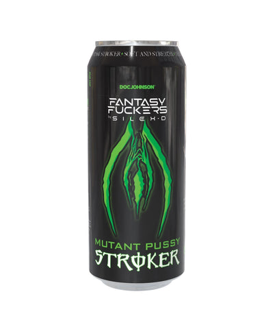 A black can with bright green graphic artwork and white text reading 'Doc Johnson Fantasy Fuckers' and 'Mutant Pussy Stroker' on a plain white background.