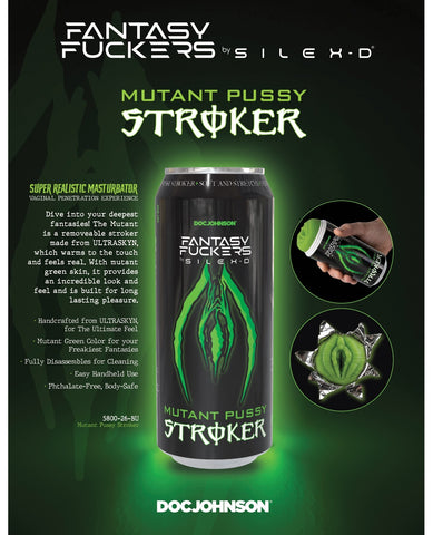A promotional product graphic for a can of Fantasy Fuckers by Silex-D Mutant Pussy Stroker by Doc Johnson, shown on a dark green background with glowing green text and two circular inset photos demonstrating use.