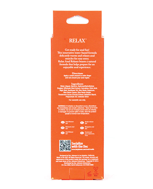 The back of an orange box of Doc Johnson's RELAX Anal Relaxer for everyone.