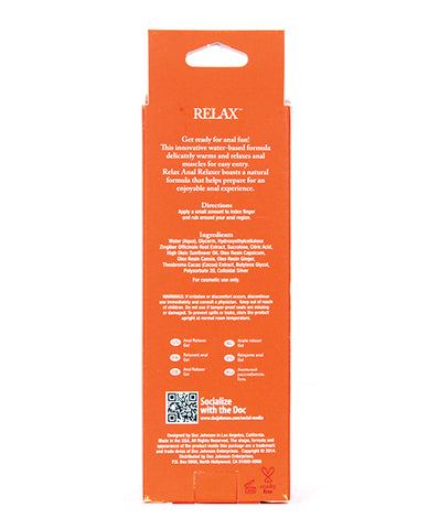 The back of an orange box of Doc Johnson's RELAX Anal Relaxer for everyone.