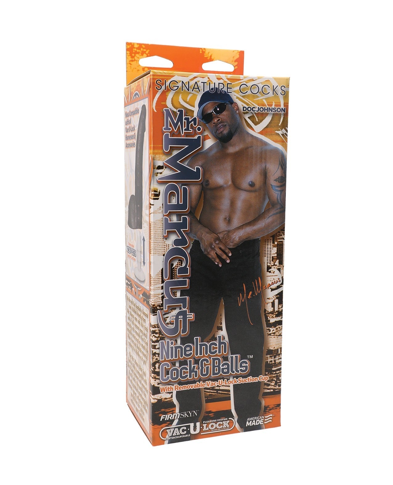 Boxed retail packaging for Mr. Marcus's Signature Cocks brand, featuring a printed photo of a shirtless man wearing black pants on an orange and black background.