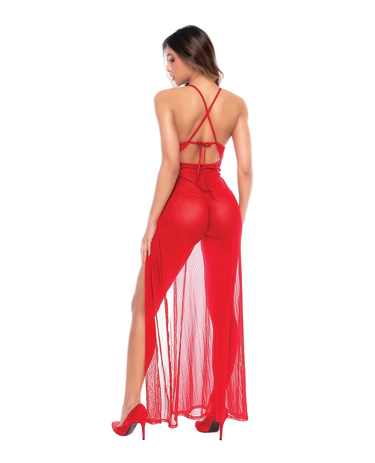 A woman shown from the back wearing a bright red open-back maxi dress with a high slit and sheer mesh overlay, paired with red high heels, on a plain white background.