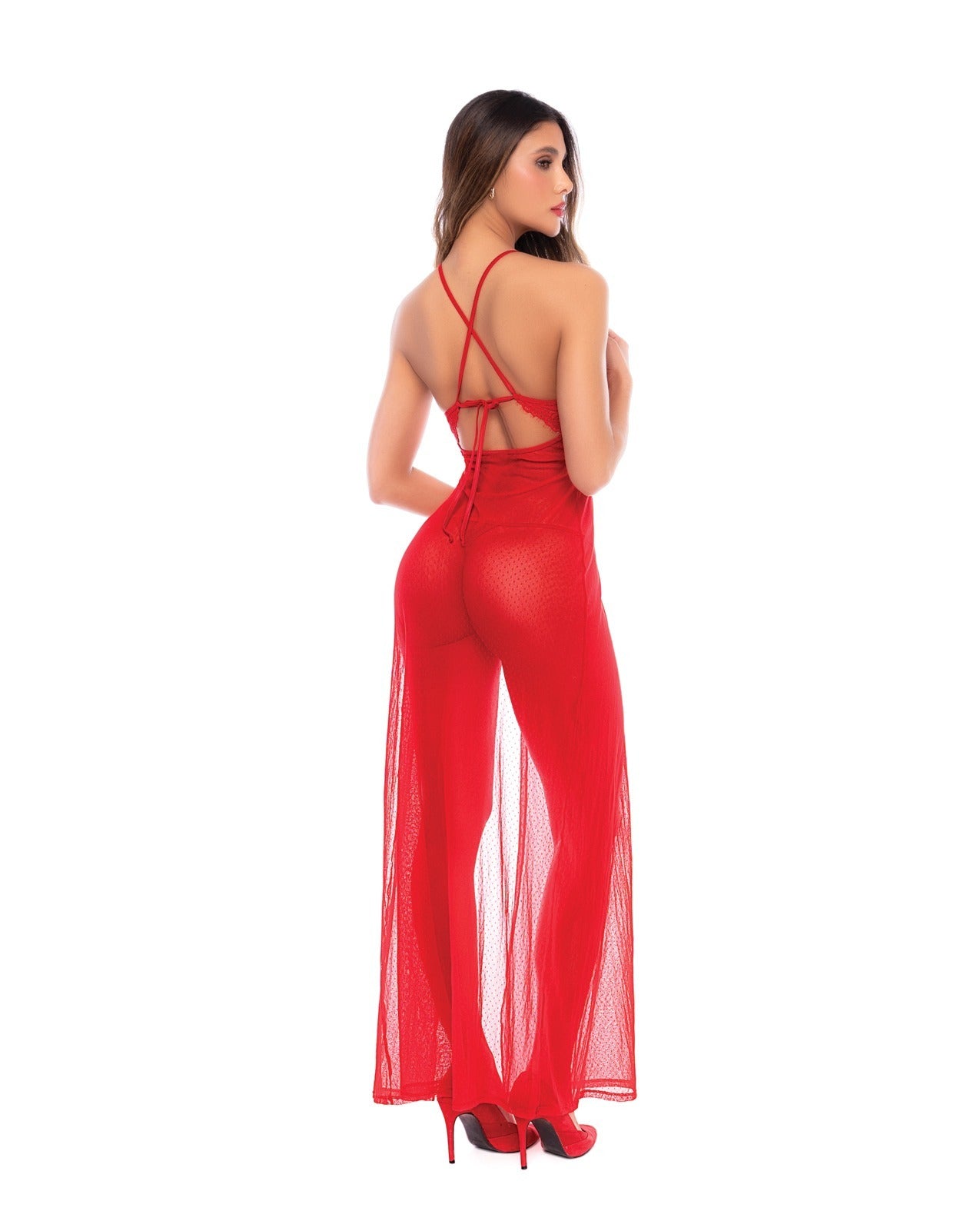 A woman modeling a bright red sheer mesh dress from the back, featuring thin crisscross straps set against a plain white background.