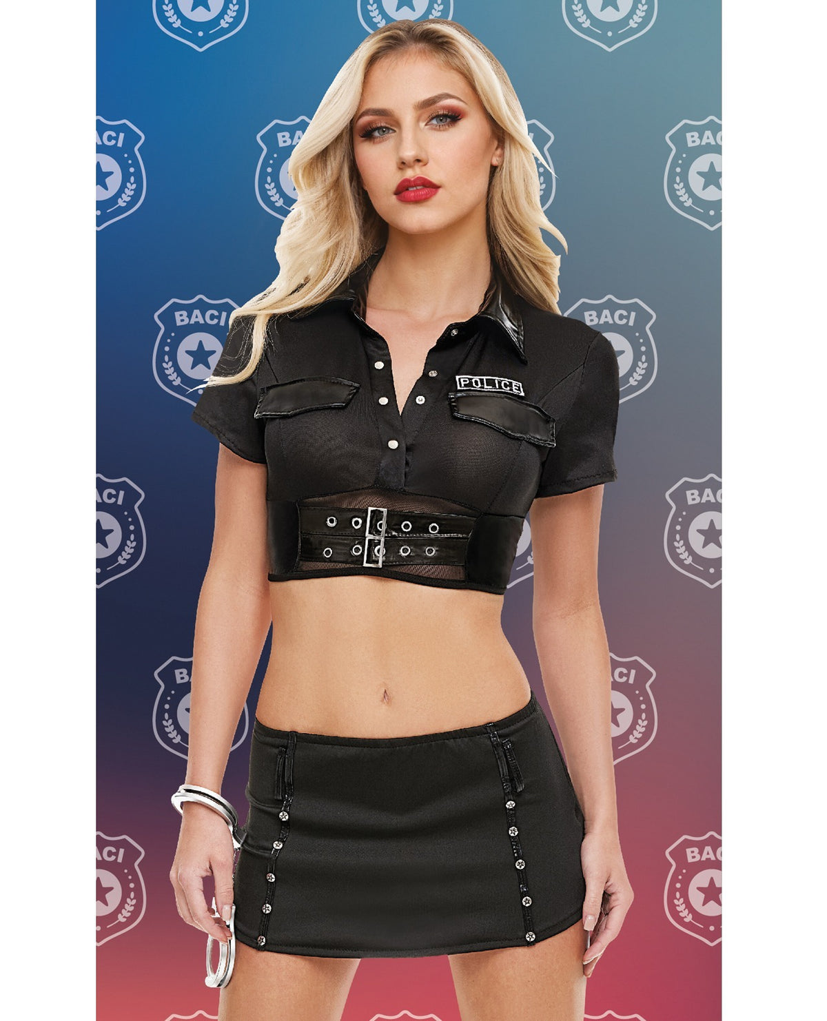A blonde model wearing a black short-sleeve cropped button-up shirt with 'POLICE' embroidered on the chest, paired with a matching black mini skirt, posed against a blue-to-pink gradient background with repeating police badge logos.