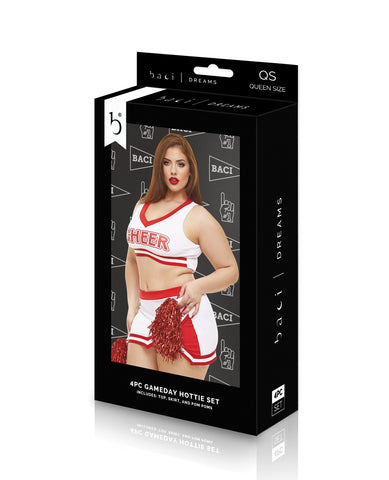 A boxed 4-piece gameday hottie set by Baci Dreams, featuring a model wearing a white and red cheerleader outfit on the front of the packaging.