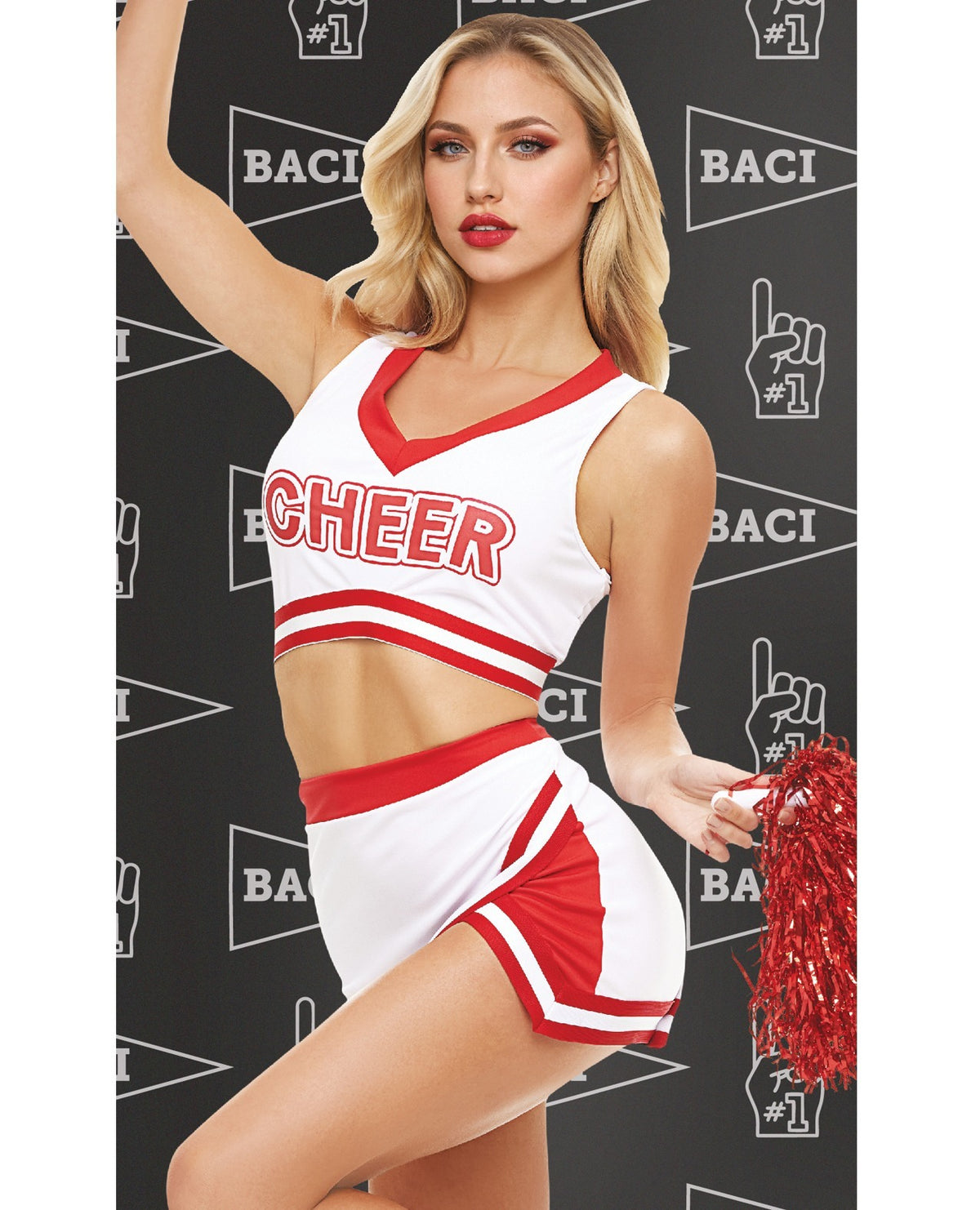 A blonde model wearing a white and red cheerleader costume set with 'CHEER' printed in red across the top, posing against a black background with repeated 'BACI' hand graphics and holding red pom-poms.