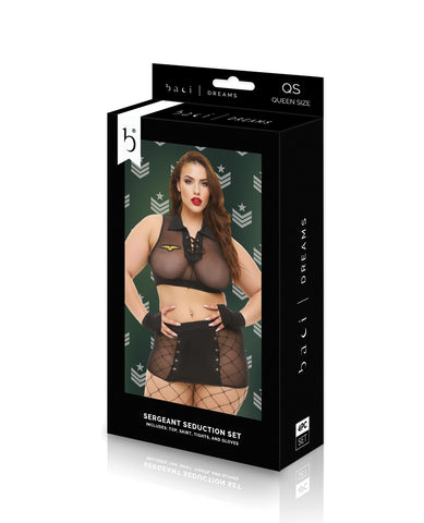 A boxed lingerie set package on a clean white studio background. The front shows a model wearing a dark brown sheer bra and matching fishnet stockings with a black corset-style skirt overlay.