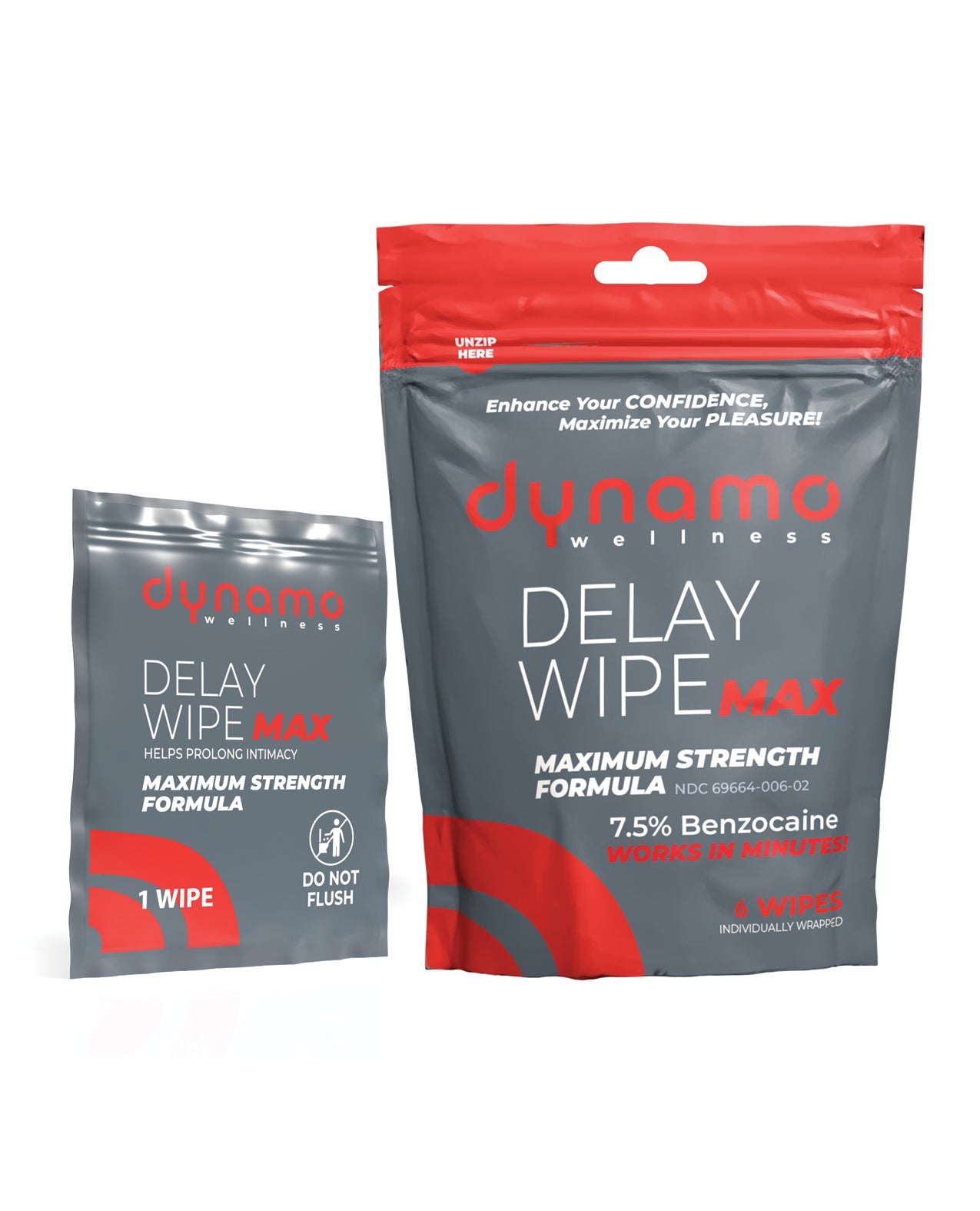 Two packages of Dynamo Wellness Delay Wipe Max on a white background