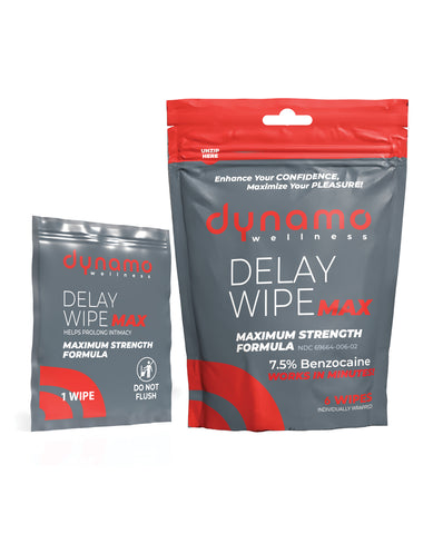 Two packages of Dynamo Wellness Delay Wipe Max on a white background