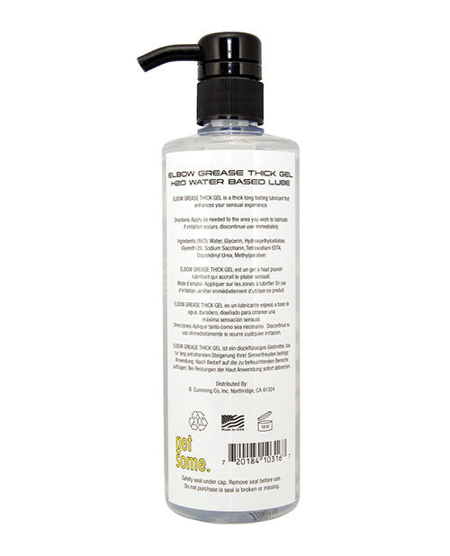 Bottle of Elbow Grease thick gel water-based lubricant with pump on a white background