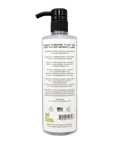 Bottle of Elbow Grease thick gel water-based lubricant with pump on a white background