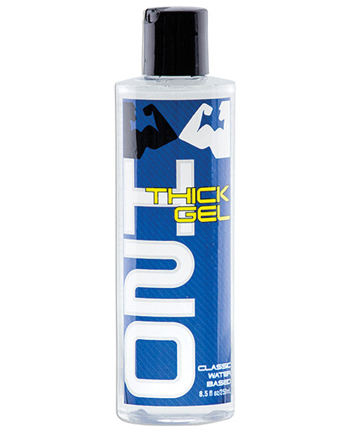 Bottle of H2O thick gel with blue label and black cap on white background