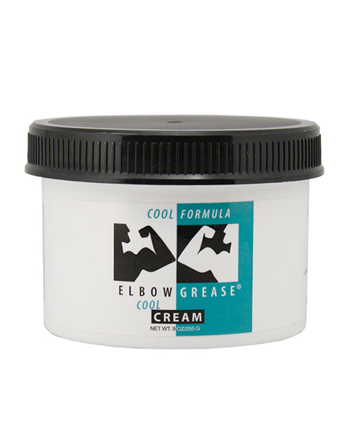 Jar of Elbow Grease Cool Cream with black lid on a white background