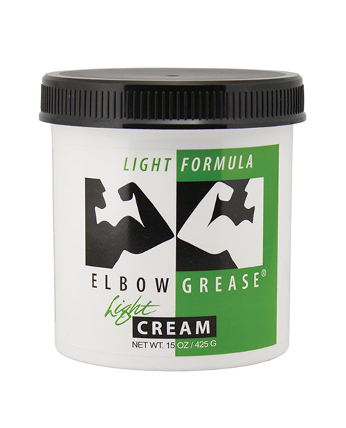 Elbow Grease light cream jar with black and green label on a white background