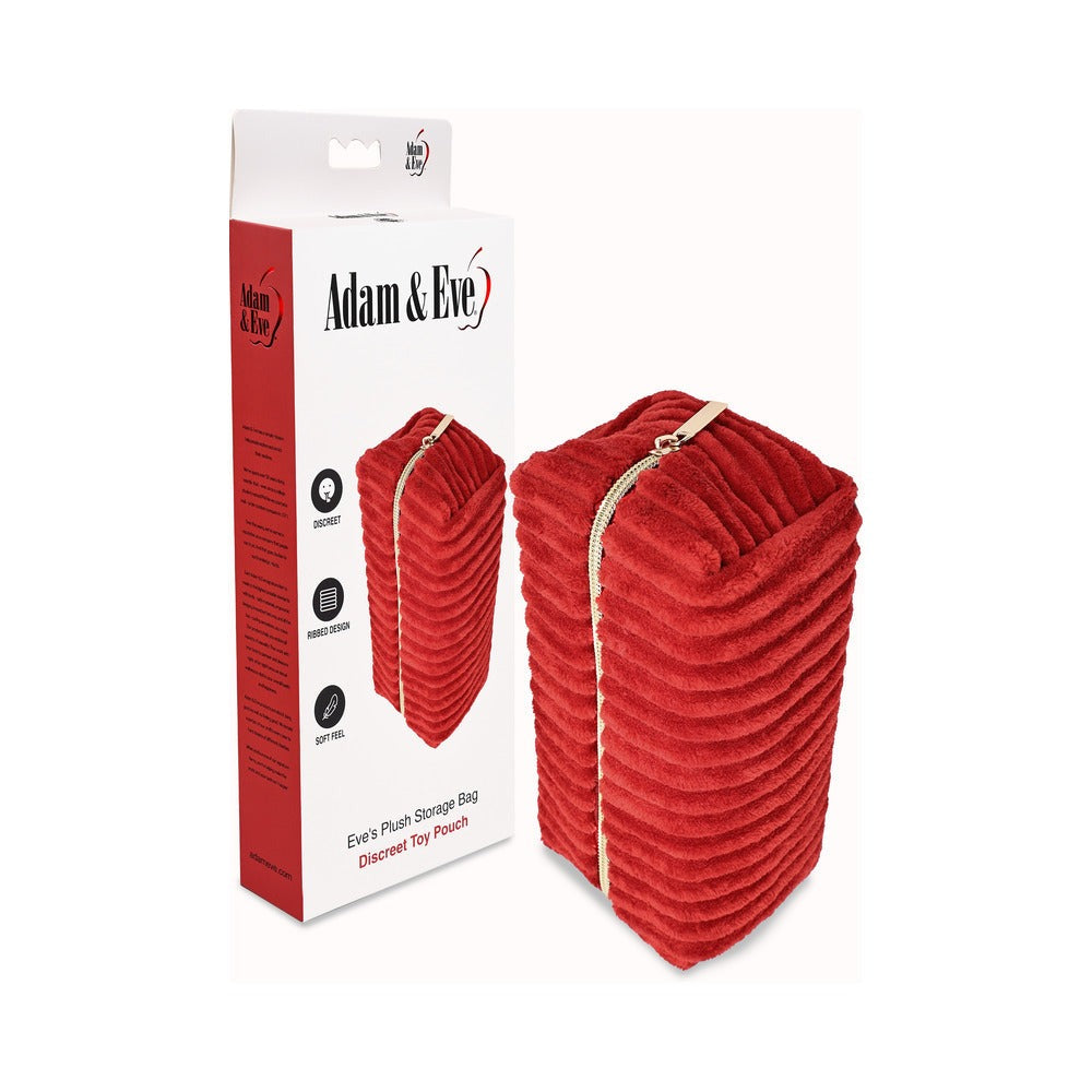 Red plush storage bag with gold zipper next to its packaging on a white background
