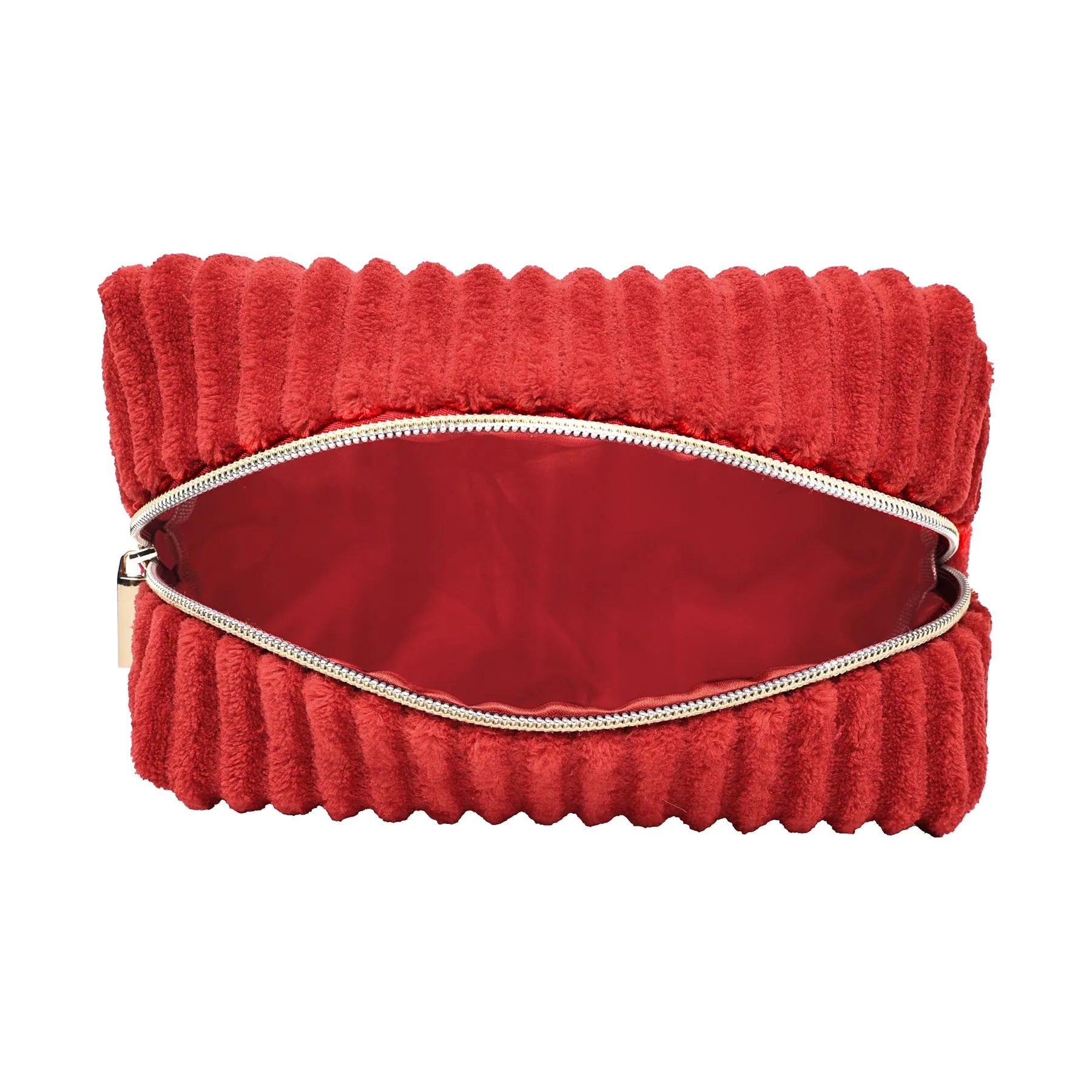 Red ribbed bag with a gold zipper on a white background