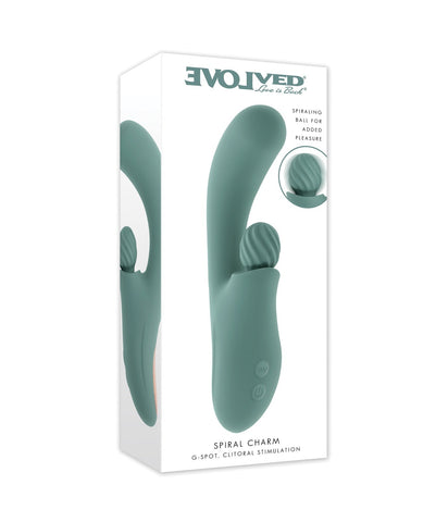 Evolved Spiral Charm G-spot clitoral stimulation device in a sage green color, shown in its white retail packaging box against a white background.