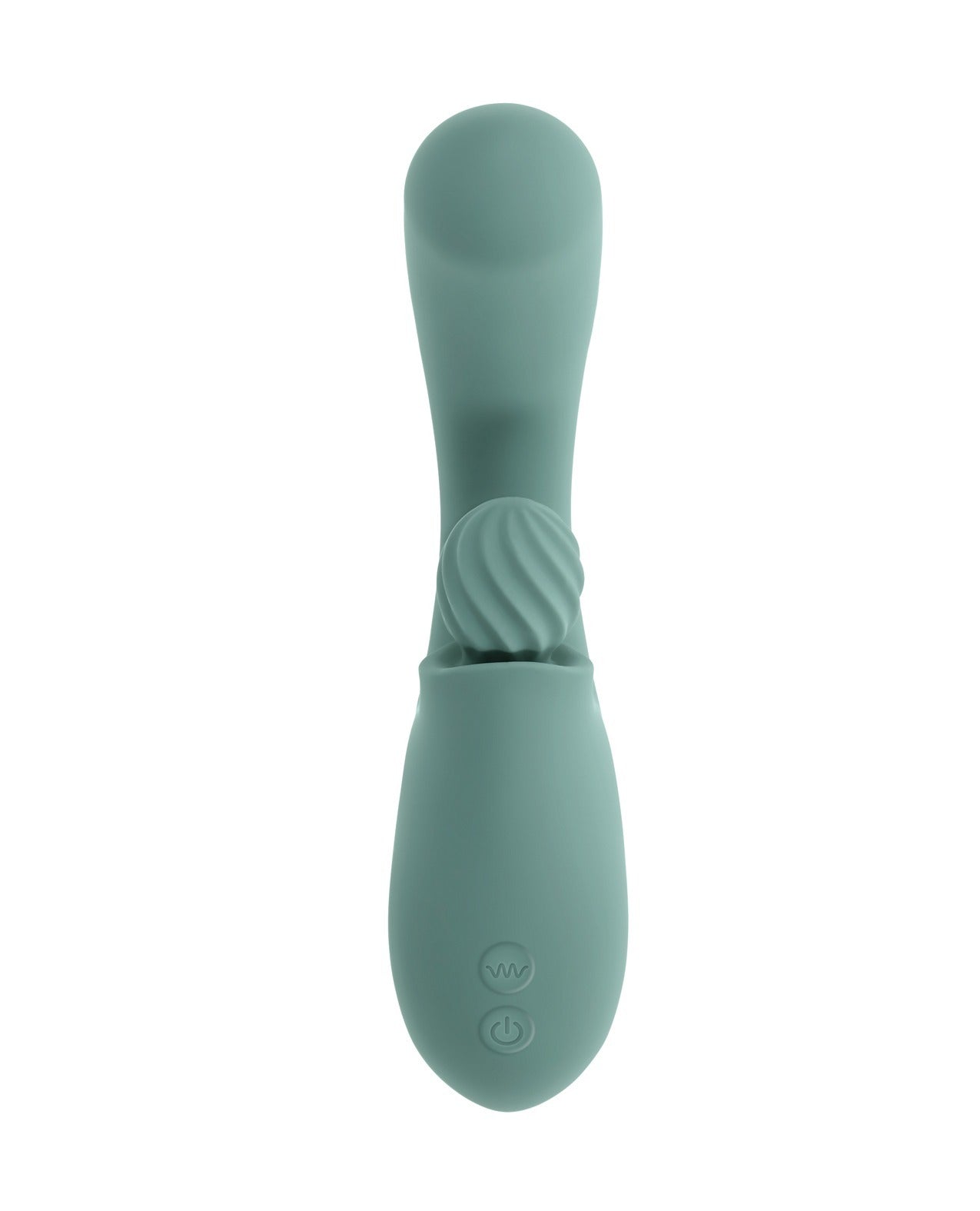 A sage green silicone personal massager with a curved handle, textured center section, and two control buttons on the lower end, shown against a plain white background.