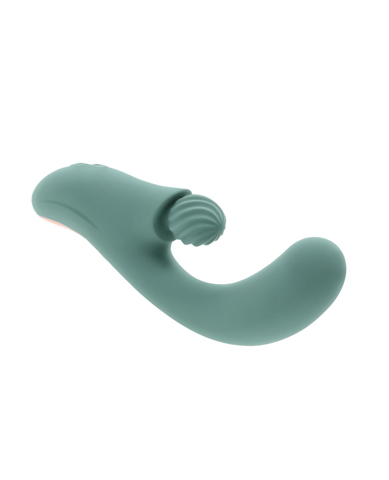 A silicone personal massager with a curved, bulbous shaft and a textured, ribbed clitoral stimulator head, shown in a muted sage green color against a plain white background.