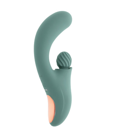 A curved silicone personal massager in a muted sage green color with a rose gold-colored accent panel on the base, shown against a plain white background.
