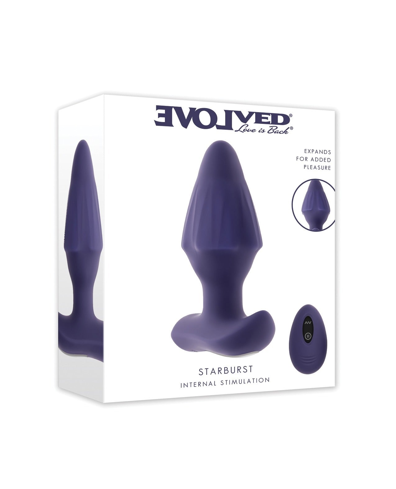 Evolved Live in Back Starburst Internal Stimulation product box in white packaging, featuring a purple silicone plug and a small remote control on the front and side.
