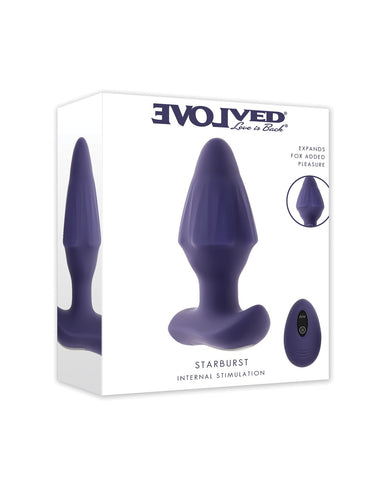 Evolved Live in Back Starburst Internal Stimulation product box in white packaging, featuring a purple silicone plug and a small remote control on the front and side.