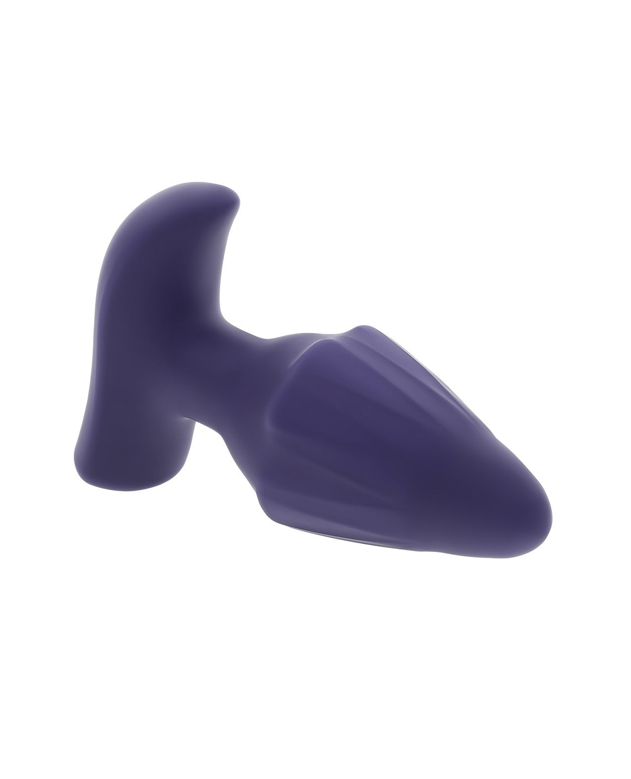 A purple silicone butt plug with a flared base and curved handle, shown on a plain white background.