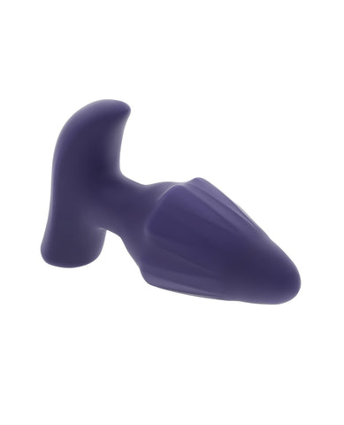 A purple silicone butt plug with a flared base and curved handle, shown on a plain white background.