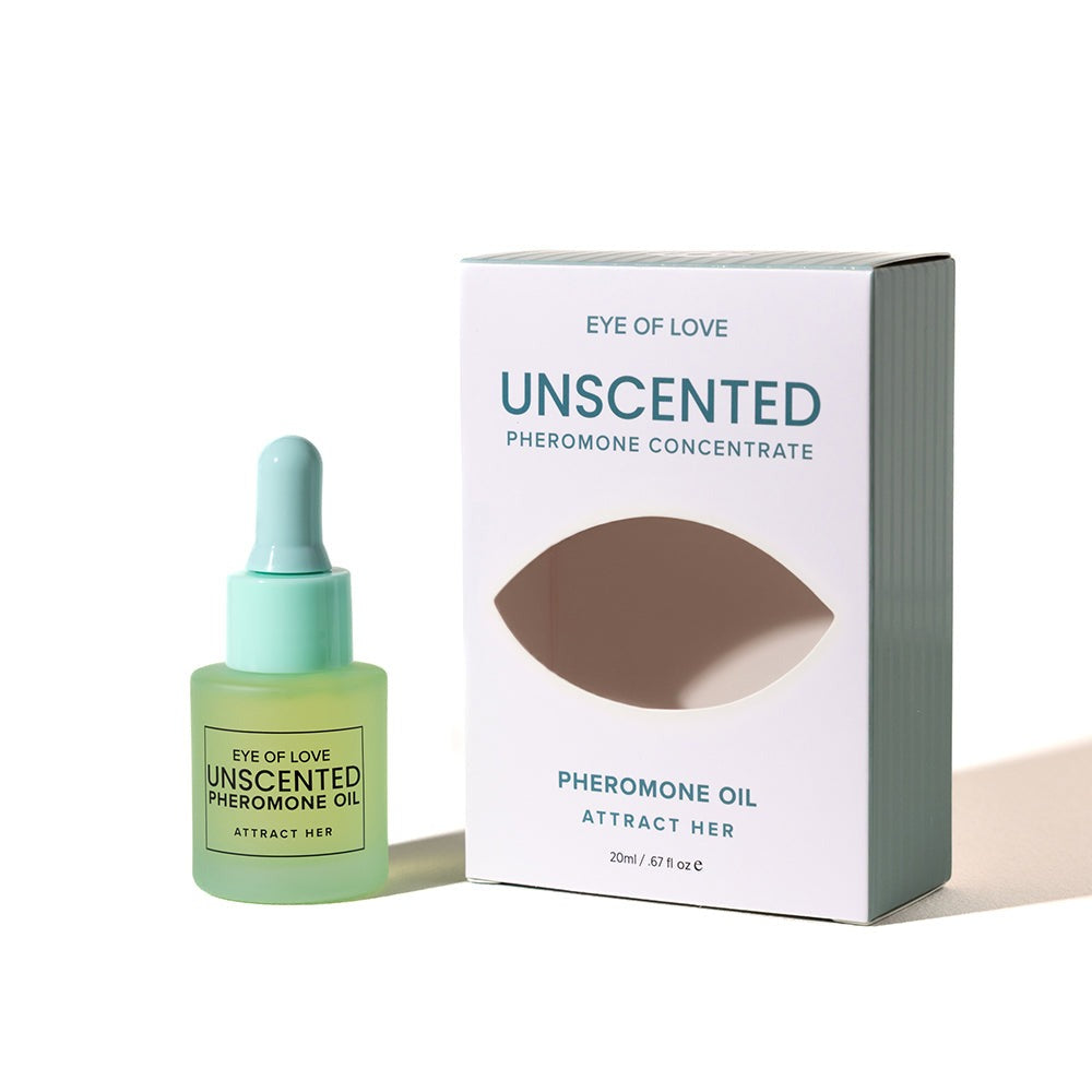 Eye of Love Unscented Pheromone Oil bottle next to its white packaging box on a clean white background.