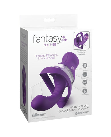 The box for The Fantasy For Her Veloura Touch G-Spot Pleasure Pump, a purple vulva pump with an internal g-spot component.