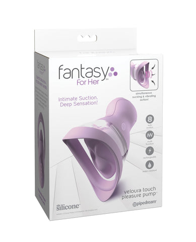 The box for the The Pipedream Fantasy For Her Veloura Touch Pleasure Pump, a light purple vulva pump with two nubs on the inside.