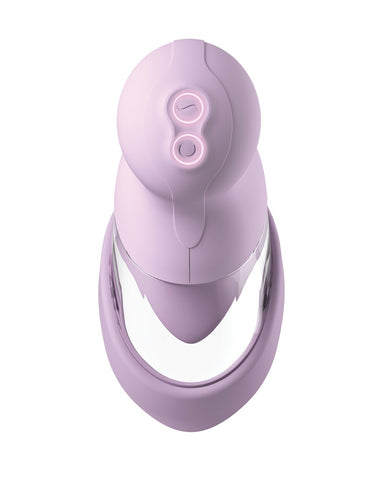 The back of the Pipedream Fantasy For Her Veloura Touch Pleasure Pump, a light purple vulva pump. Photo is showing the light up buttons on the back.