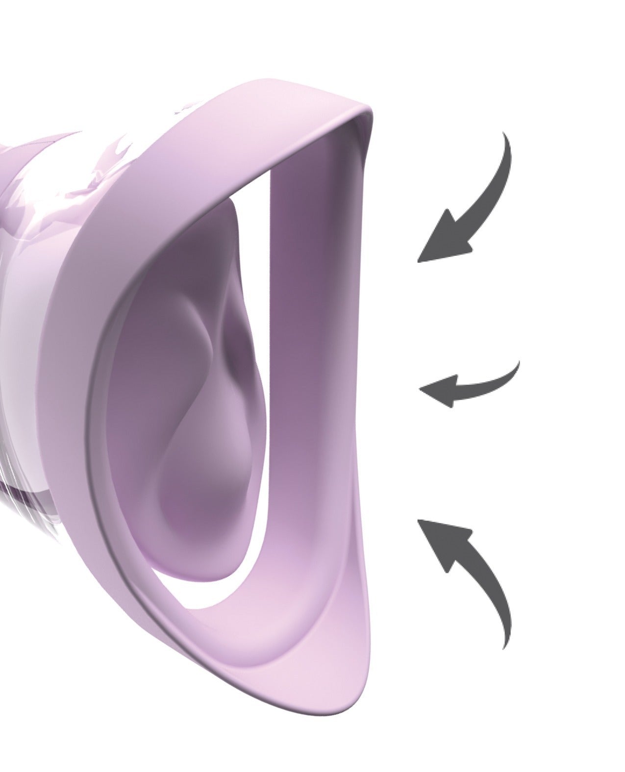A zoomed in photo showing the suction going into the yhe Pipedream Fantasy For Her Veloura Touch Pleasure Pump, a light purple vulva pump with two nubs on the inside.