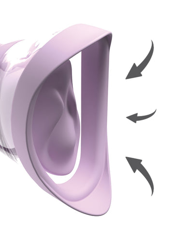 A zoomed in photo showing the suction going into the yhe Pipedream Fantasy For Her Veloura Touch Pleasure Pump, a light purple vulva pump with two nubs on the inside.