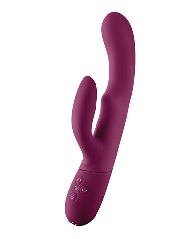 Dual stimulation vibrator with innovative movement fuchsia side view