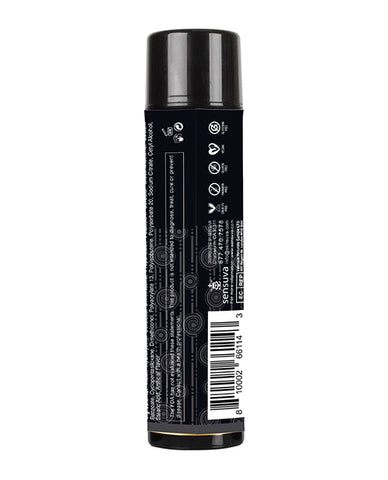 Black cylindrical container with text and a barcode on a white background