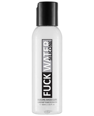 Silicone-based lubricant bottle with black cap and label on a white background