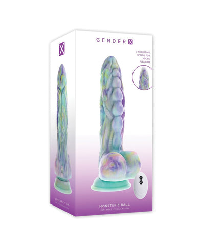 Boxed adult novelty product labeled GENDER X Monster's Ball, shown in a white retail package with purple gradient sides and a printed illustration of the item on the front.